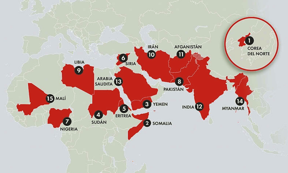 ¿Cuáles son los principales países que lamentablemente se destacan con perseguir a los cristianos?