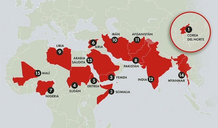 ¿Cuáles son los principales países que lamentablemente se destacan con perseguir a los cristianos?
